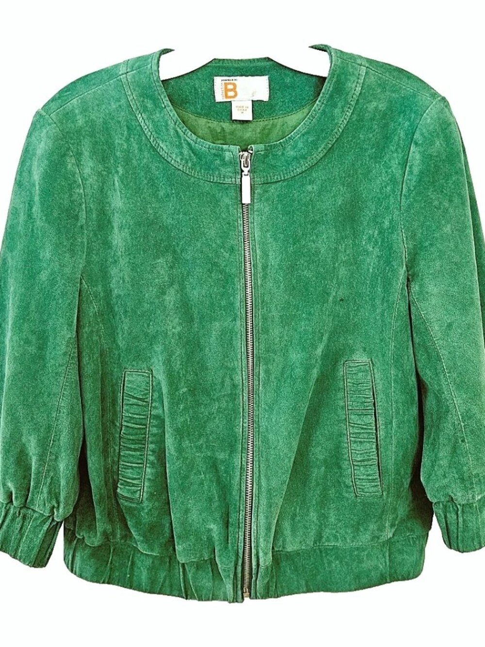 Vintage 80s Bernardo Green Suede Full Zip Bomber Jacket 3/4 Sleeves Size M EUC